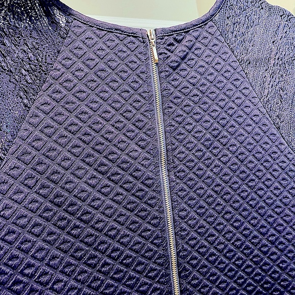 NWT Altar’d State (LG) Navy Blue Knit A-Line Fit & Flare Dress w/ Lace Sleeves - Picture 8 of 13